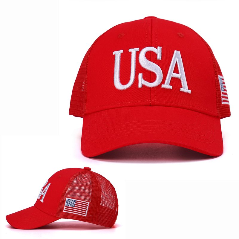USA Trucker Hat for Men & Women American Flag Cap Adjustable Baseball Cap Mesh Snap Patriotic 3D Embroidered Cap(Red)