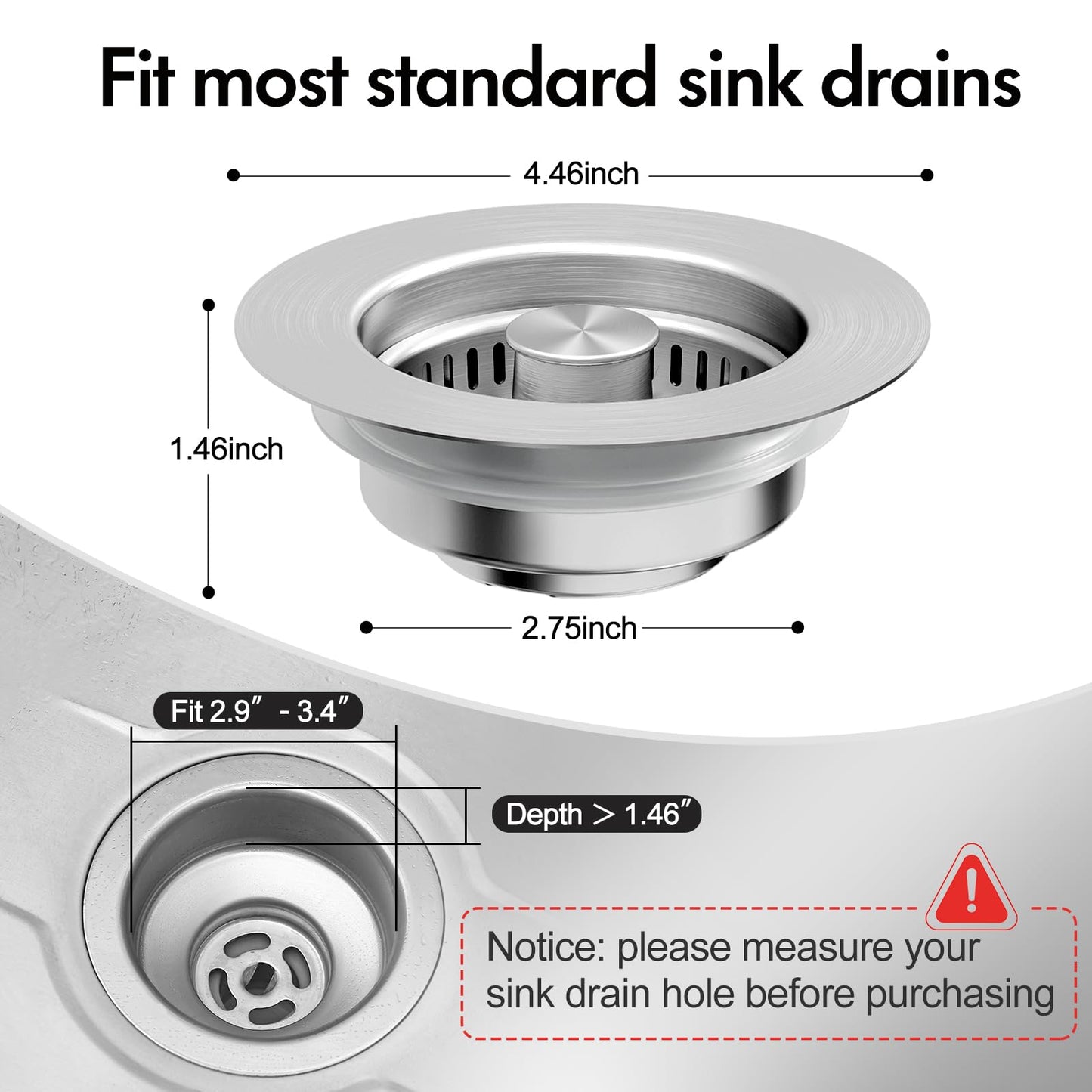 3 in 1 Kitchen Sink Drain Strainer & Sink Stopper, 304 Stainless Steel Pop Up Sink Drain Stopper with Anti-Clogging Basket for US Standard (Silver)
