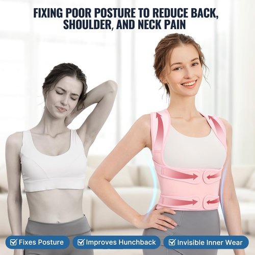 Jeffski Posture Corrector Upgraded Back Brace for Women and Men, Adjustable Full Back Support, Shoulder Straightener for Hunchback, Scoliosis, Lumbar, Spine, Pink (Medium)