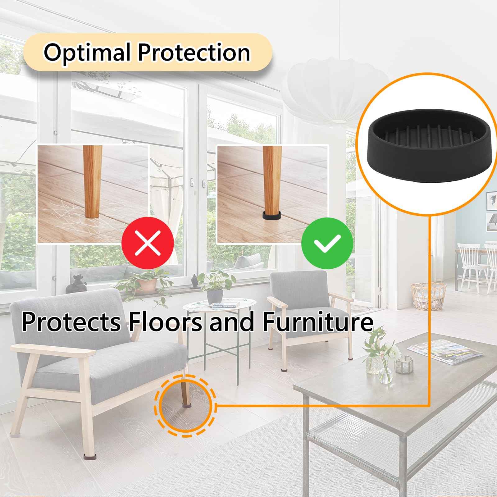 1.5x1.5 Round Rubber Furniture Caster Cups, Anti-Sliding Furniture Pads Bed Stopper Floor Protectors with Grip - Protect Any Flooring