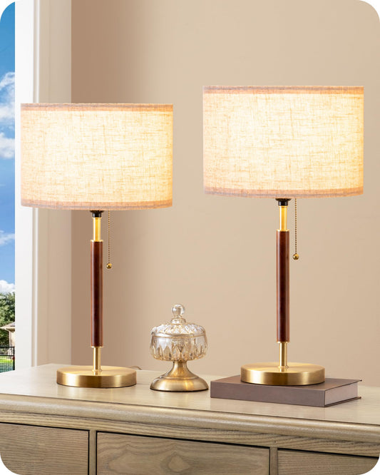 EDISHINE Mid Century Table Lamp Set of 2, Pull Chain Switch Bedside Lamp, Linen Shade, Solid Wood Pole & Bronze Brushed Metal Base, Modern Nightstand Lamp for Bedroom, Living Room, Office, E26 Base