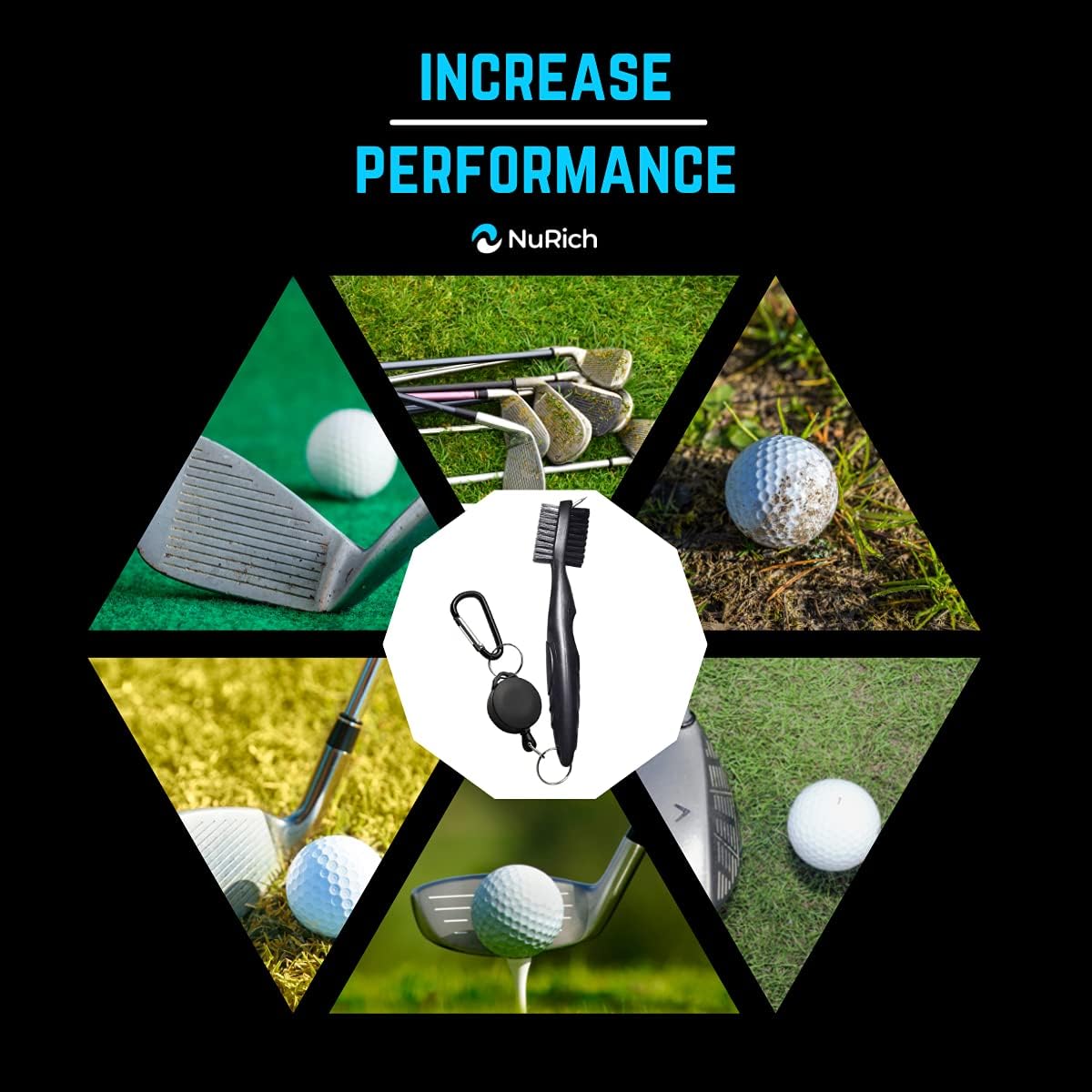 NuRich Tiger Golf Club Groove Brush Cleaner - Lightweight Dual Bristle Tool with Retractable Carabiner