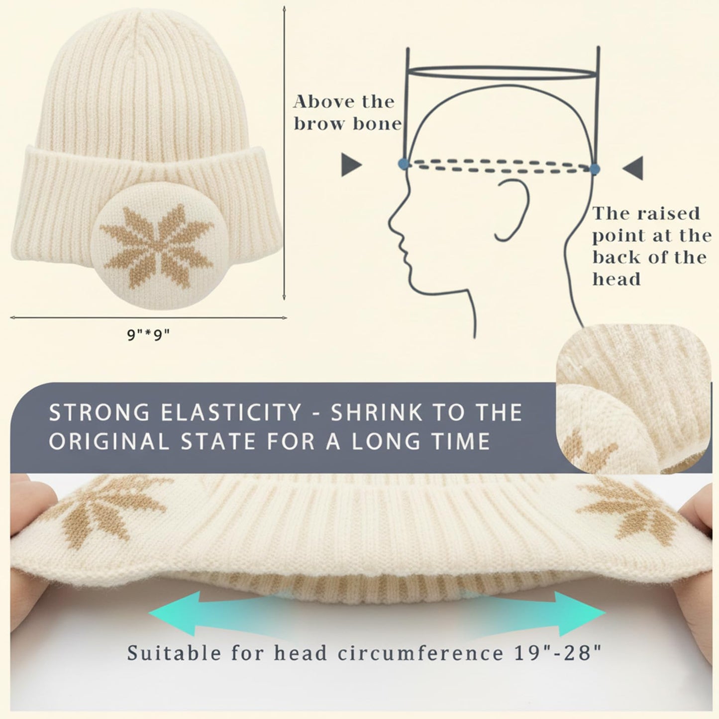CSONFIT Winter Beanie Fleece Lined for Men Women, Unisex Thermal Knitted Ski Hat with Integrated Ear Hood, Warm Stretchable Skull Cap for Skiing, Snowboarding, Running, Daily Use (Beige)