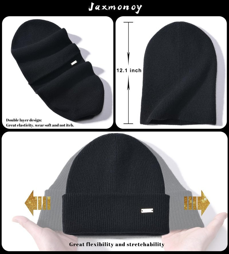 jaxmonoy 100% Merino Wool Knit Winter Beanie Hats for Women Men Soft Warm Double Layer Slouchy Knitted Beanie Skull Cap - Black