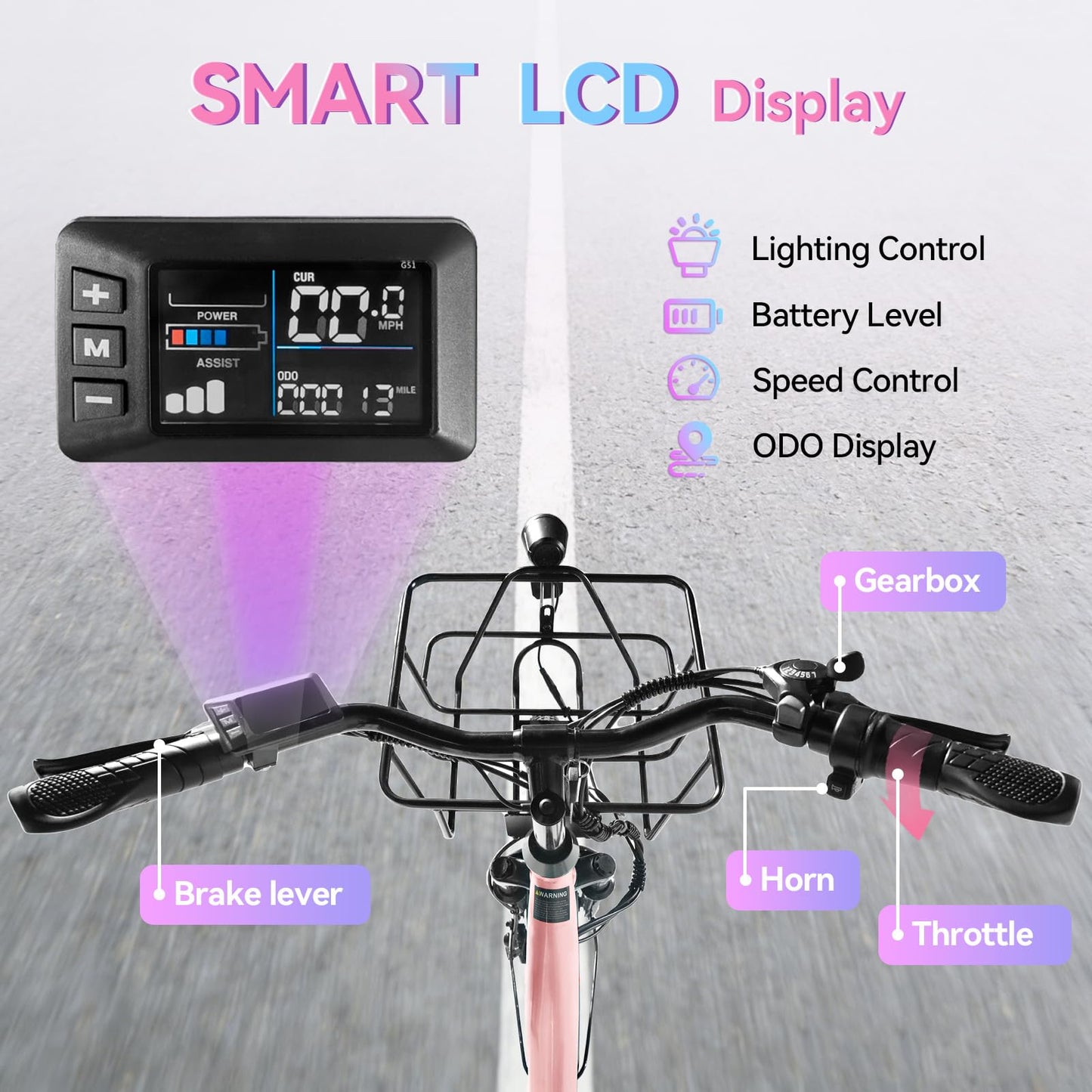 24'' Electric Bike for Adults, Peak 1000W Motor 28MPH, 48V 13Ah Removable Battery 75Miles, Step Through City Cruiser Ebike, Commuter E-Bike with 7-Speed and Front Basket, UL 2849 Certified (Pink)