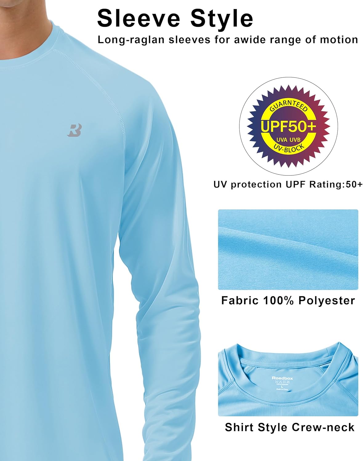Roadbox Men's UPF 50+ UV Sun Protection Long Sleeve Shirt - Ideal for Fishing, Hiking & Running