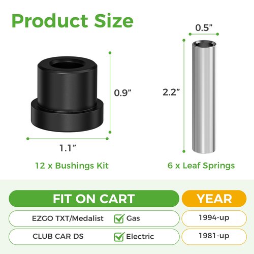 10L0L Golf Cart Spring Bushing Kit-Rear Leaf Springs Shackles Bushing Sleeve for EZGO TXT/Medalist (1994-up) & Club Car DS (1981-up), Replaces Parts 70289-G02/70291-G01/1012303/1015583