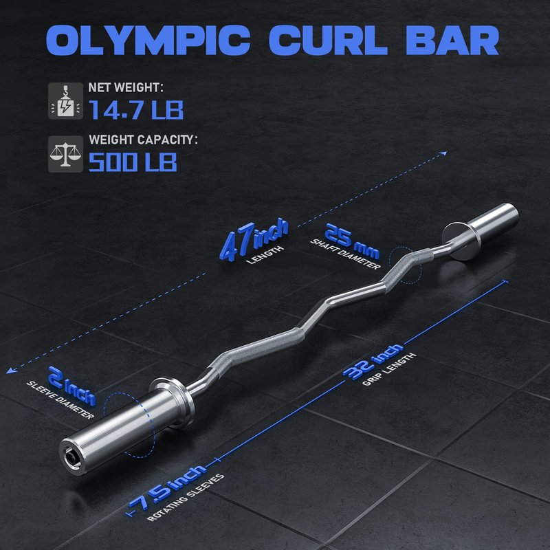 Olympic EZ Curl Bar, 47" Barbell Bar for Weight Lifting, Biceps, triceps, Back/Leg Muscle Group exercise,Chrome Curling Bar for 2 Inch Weight Plates,with 2 Spring Collars