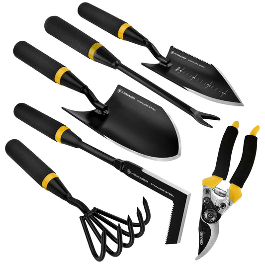 Kemaier 6-Piece Garden Tool Set with Storage Box, Heavy Duty Stainless Steel Gardening Hand Tools for Planting Weeding Digging, Includes Trowel, Shovel, Cultivator, Weeder, Pruner and More
