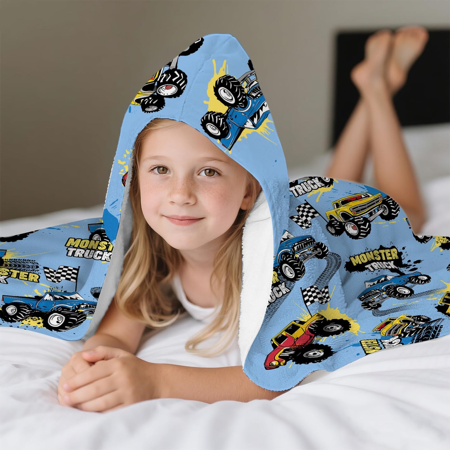 Fiwbnasz Truck Hooded Beach Towel for Kids, Monster Hooded Towels for Toddlers 30" x 50", Kids Beach Towels for Pool, Travel, Swim, Cars Wearable Bath Towel for Boys, Teens