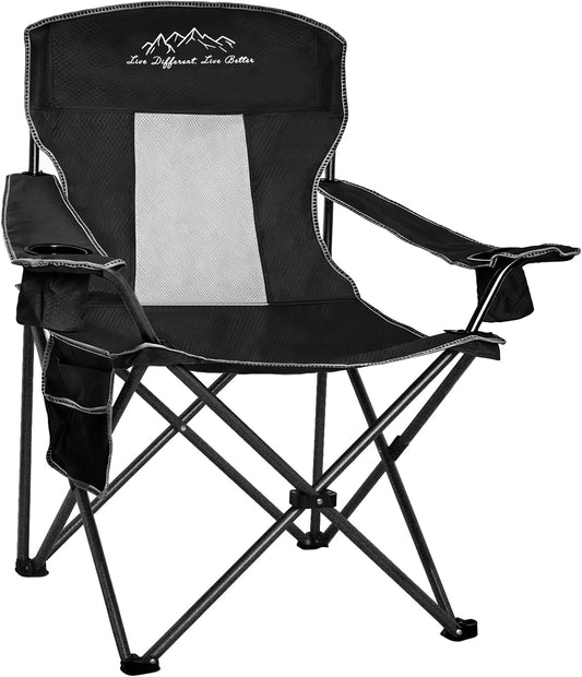 Skiennix Outdoor Folding Camping Chair - Breathable Mesh, 400lbs Capacity, Includes Cup Holder & Storage Bag | Black