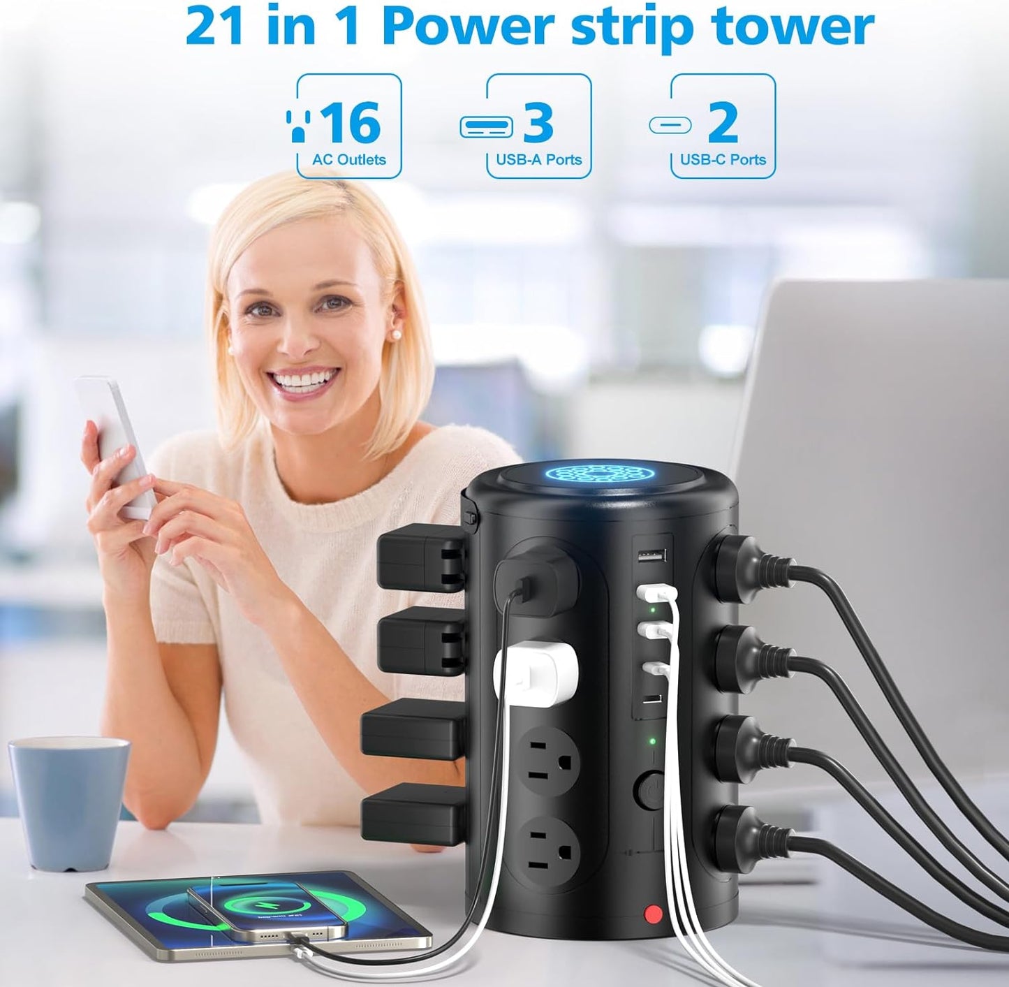 15W Wireless Charging Surge Protector Power Strip with 16 AC Outlets & 5 USB Ports - Desk Charging Station for Home, Office & Dorm Room (10FT)