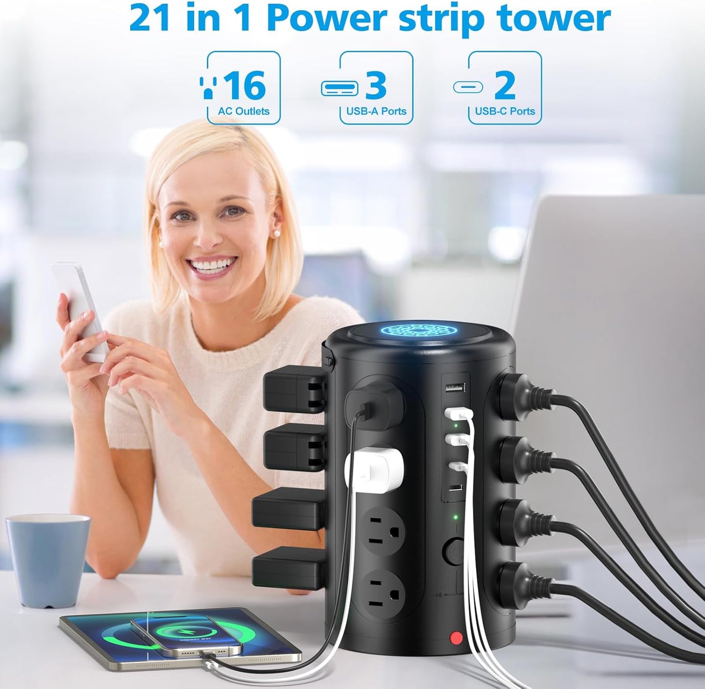 15W Wireless Charging Surge Protector Power Strip with 16 AC Outlets & 5 USB Ports - Desk Charging Station for Home, Office & Dorm Room (10FT)