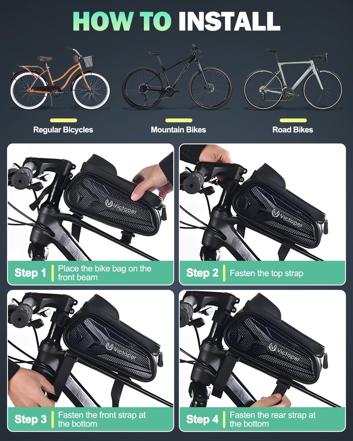 Victoper Bike Phone Front Frame Bag, Waterproof Bicycle Tube Bag, 2L PPU Cycling Pouch Bike Bag, Bike Accessories Bag for Men Women Adults Compatible Phone Under 7”
