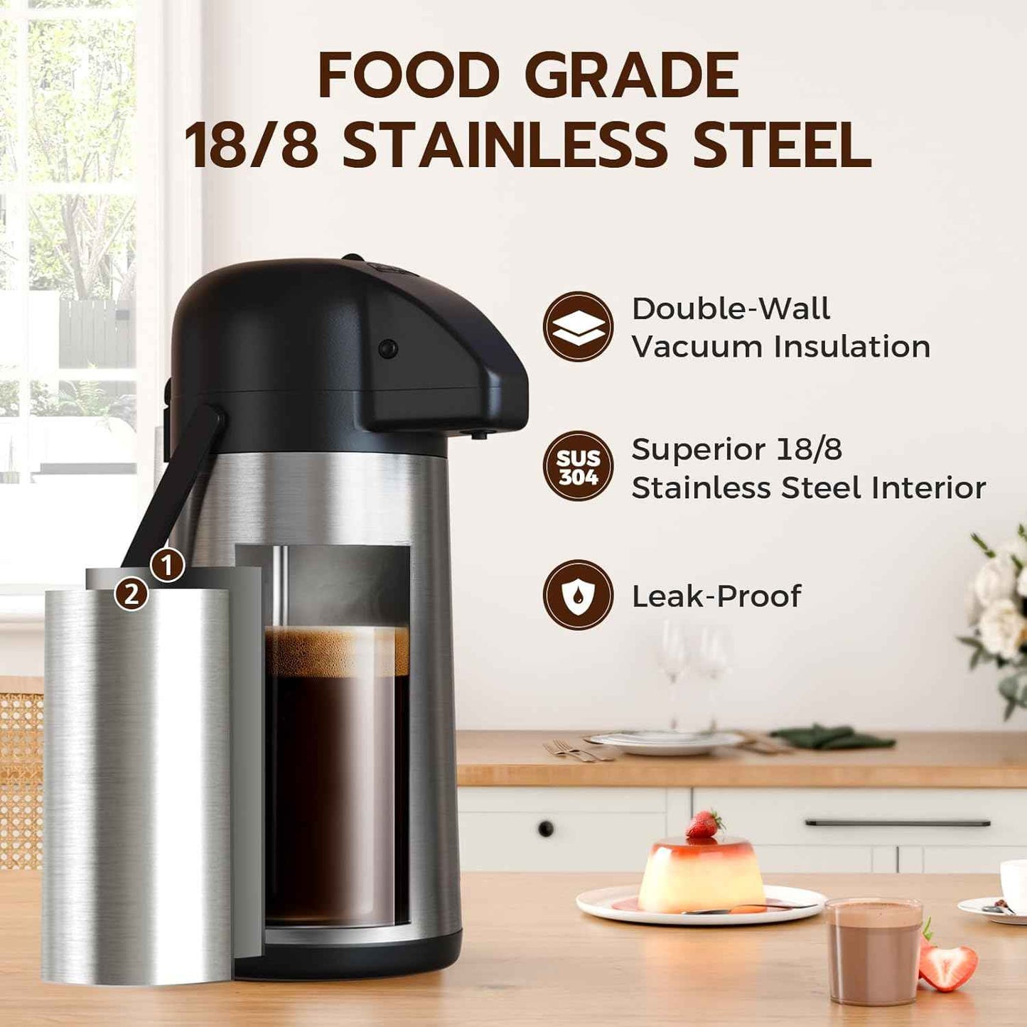 Large 102OZ Stainless Steel Coffee Carafe - Insulated Airpot Dispenser for Hot Drinks