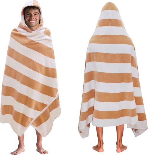 COTTON CRAFT Oversized Hooded Beach Towel - 39 x 68 Inches, 100% Ringspun Cotton, Quick Dry Cabana Stripe