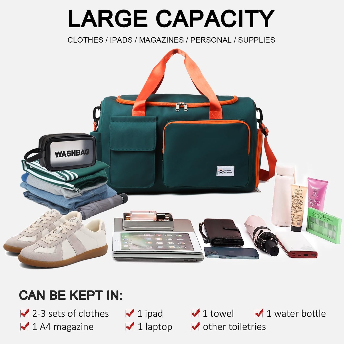 Small Gym Bag for Women, Waterproof Travel Duffle Bag Carry On Weekender Bag with Shoe Compartment & Wet Pocket, Gym Tote Bag for Travel, Workout, Sport - Green Orange