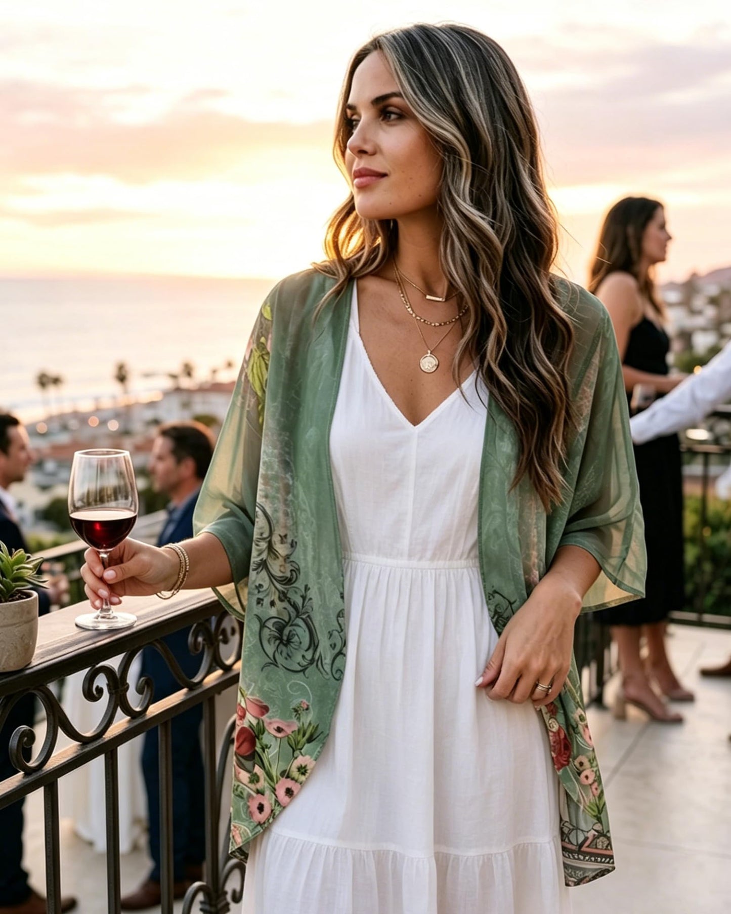 Women's Floral Print Puff Sleeve Kimono Cardigan Loose Cover Up Casual Blouse Tops(Army Green Floral,M)