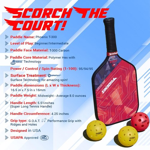 Phoenix T300 Carbon Fiber Pickleball Paddle – Grit-Textured Surface for Spin & Control, 16mm Polypropylene Honeycomb Core, Tennis-Length Handle, Lightweight, USAPA Approved – PIXA Pickleball