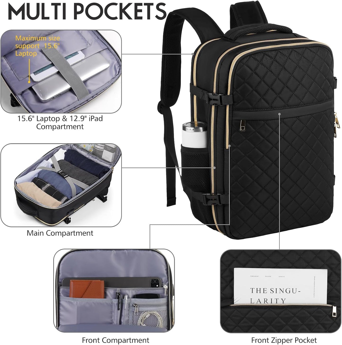MOMUVO Travel Backpack - Airline Approved Carry-On for Women | 15.6" Laptop, USB Charging, Black