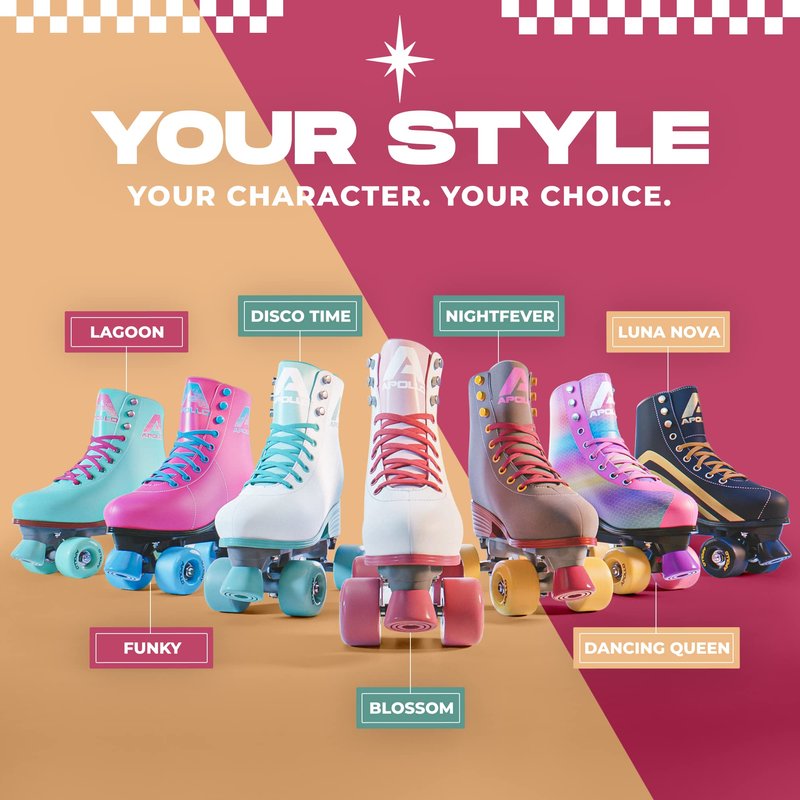 APOLLO Retro Skates - Size Adjustable Quad Skates for Girls & Women - High Heel Rollerskates - Disco Quads - Dancing Queen S / J12-2