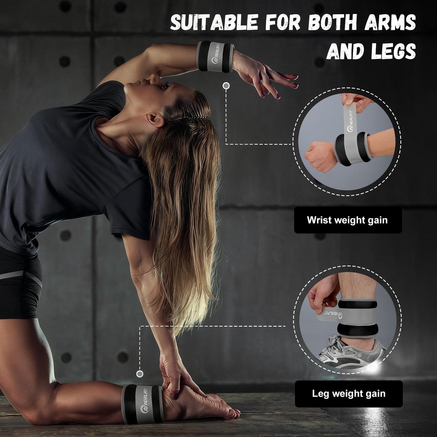 NEALFIT Ankle Weights 1/2/3/4/6/10 LBS for Men Women Kids, Leg Arm Wrist Weights with Adjustable Strap for Running, Aerobics, Strength Training, Physical Therapy, Fitness (Black, 1 lb x 2 (2LB Pair))