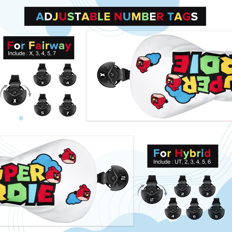 Golf Club Head Covers, Super Birdie Design Golf Driver Covers, Fairway Wood and Hybrid Head Covers with Interchangeable Tags, Premium PU Leather Golf Club Covers(Hybrid)
