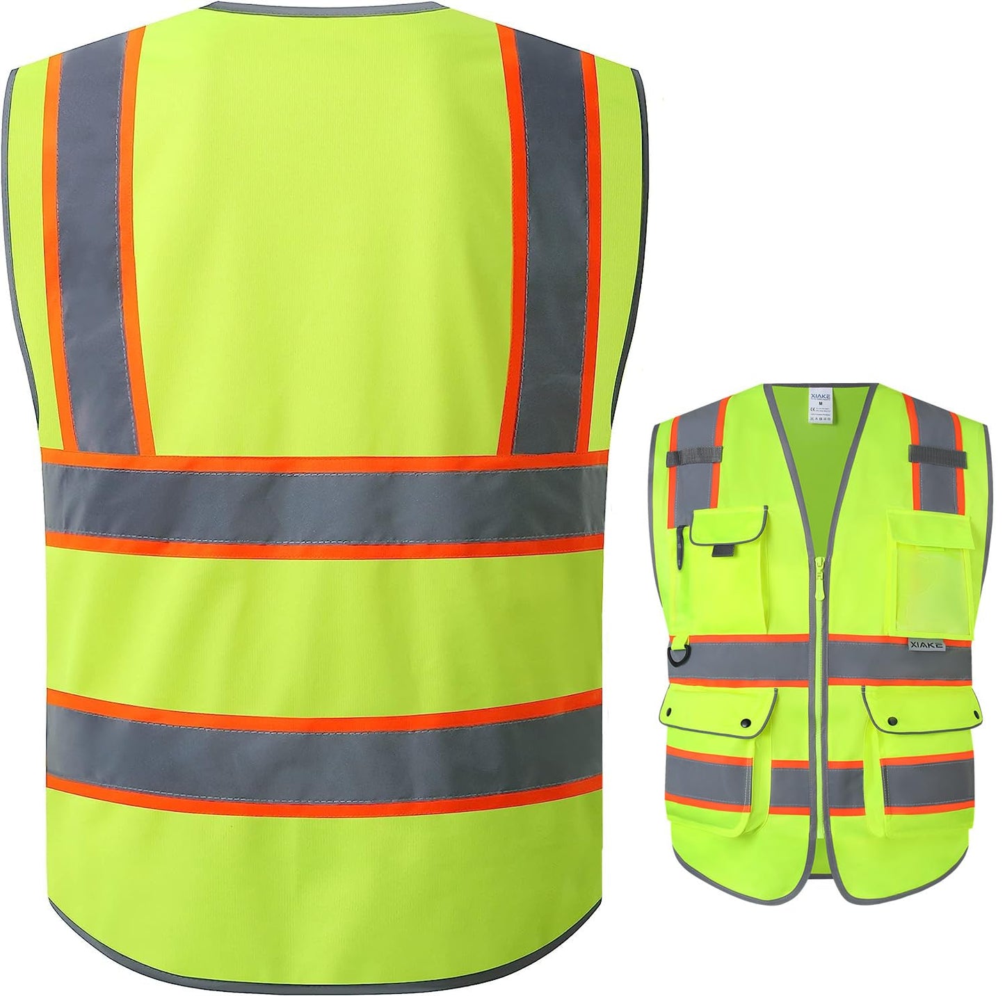 XIAKE Reflective Safety Vest for Men & Women High Visibility Class 2 Vest with 2 Inch Dual Tone Reflective Strips (Yellow - Orange Trim, Small)