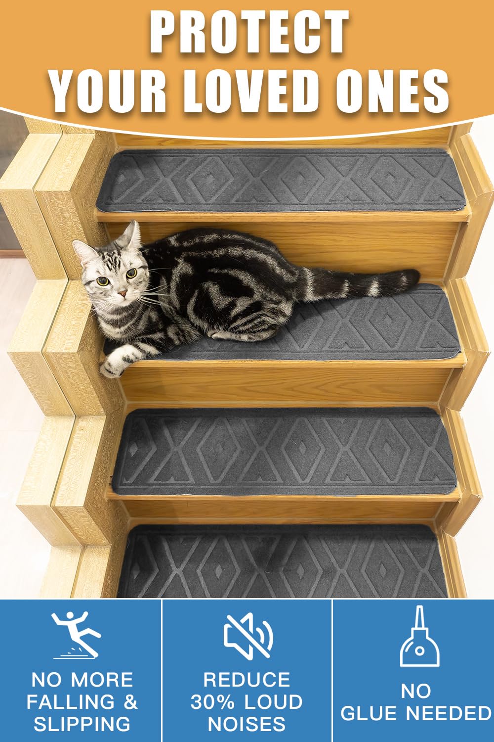 5 PCS 8”x30” Stair Treads Non-Slip for Wooden Steps, Peel and Stick Stair Carpet Indoor, Washable Step Treads with Reusable Adhesive 5PCS (Grey)