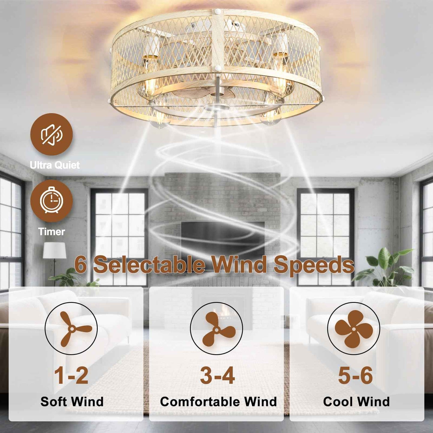 Depuley Cage Ceiling Fan with Light: Cement Flush Mount Ceiling Fans with Remote - 20in Rubbed Ceiling Fans Light Fixture for Dining Room - Rustic Reversible Farmhouse Fandelier for Bedroom Kitchen
