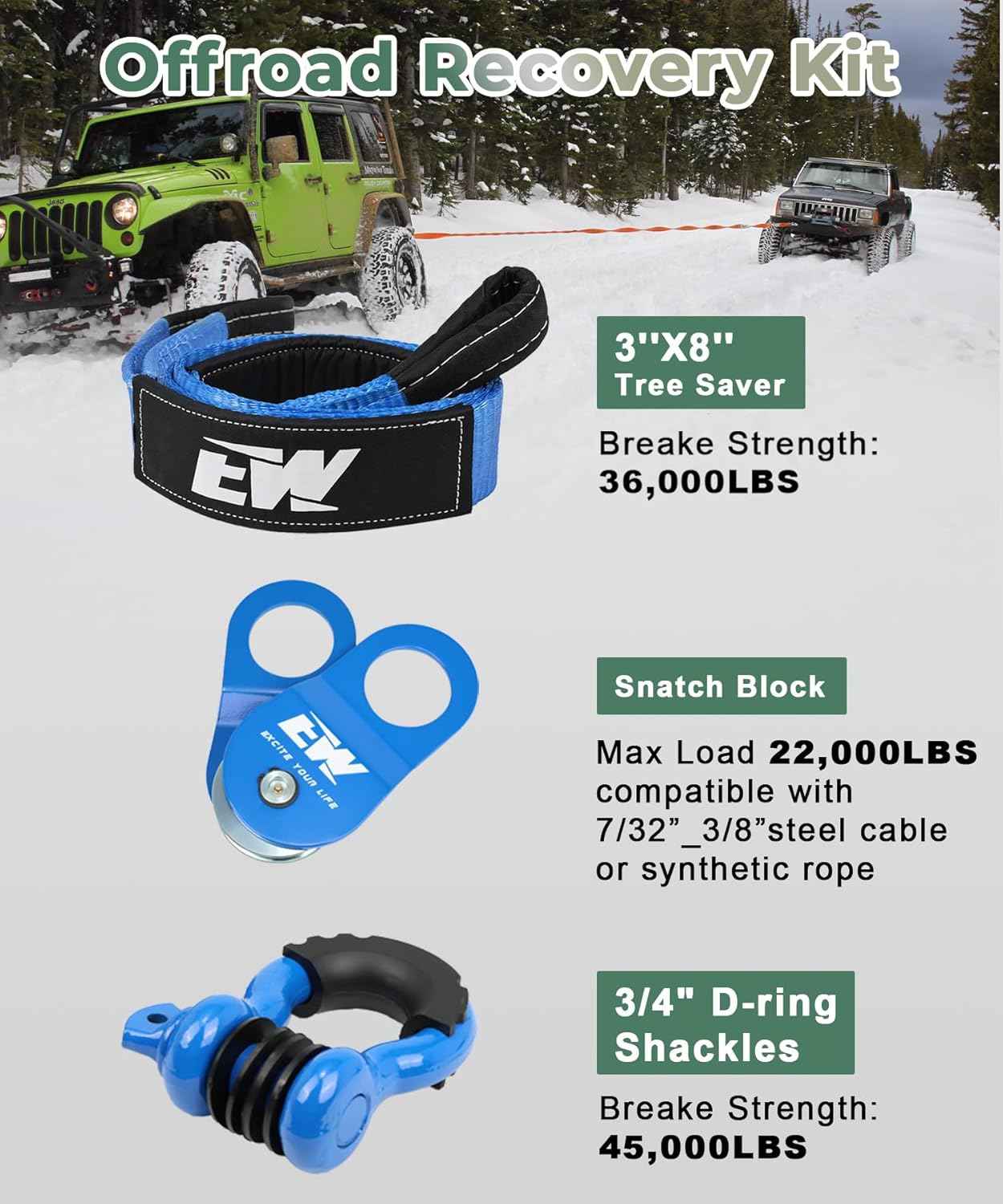10-Ton Offroad Recovery Kit - Snatch Block Pulley, Tree Saver & D-Ring Shackles
