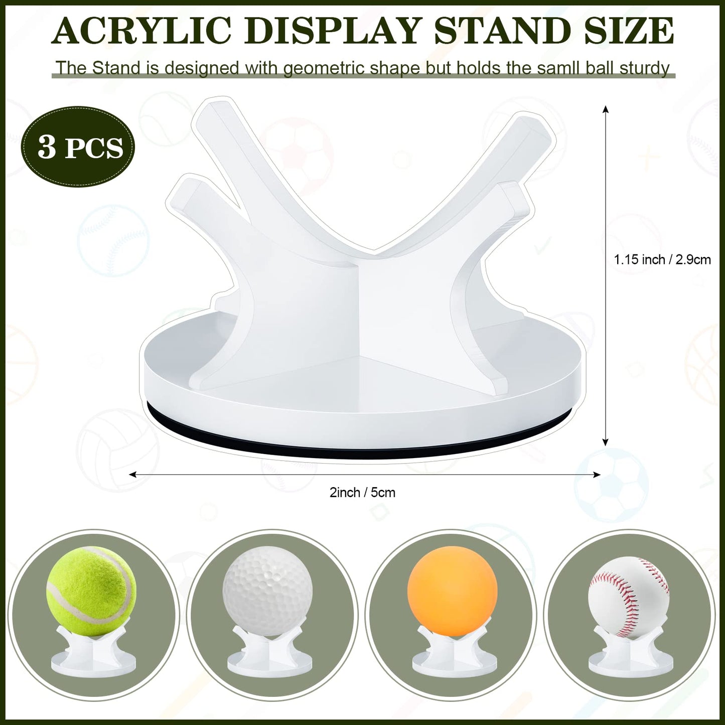 Sumind 3 Pieces Acrylic Small Ball Stand Holder Sport Ball Display Rack Baseball Display Stand with 3 Pieces Non-Slip Rubber Pads for Baseball Golf Softball Tennis Spheres(White)