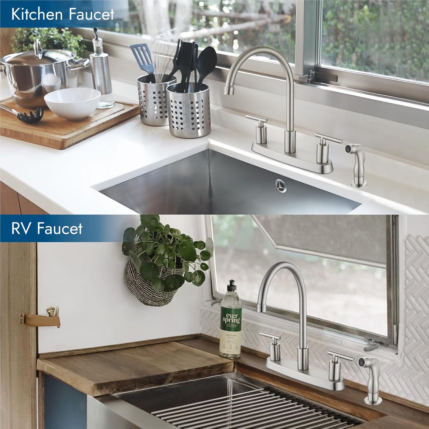 Brushed Nickel Kitchen Faucet with 360° Rotating Spout & Side Sprayer - 2 Handle, 8 Inch Centerset