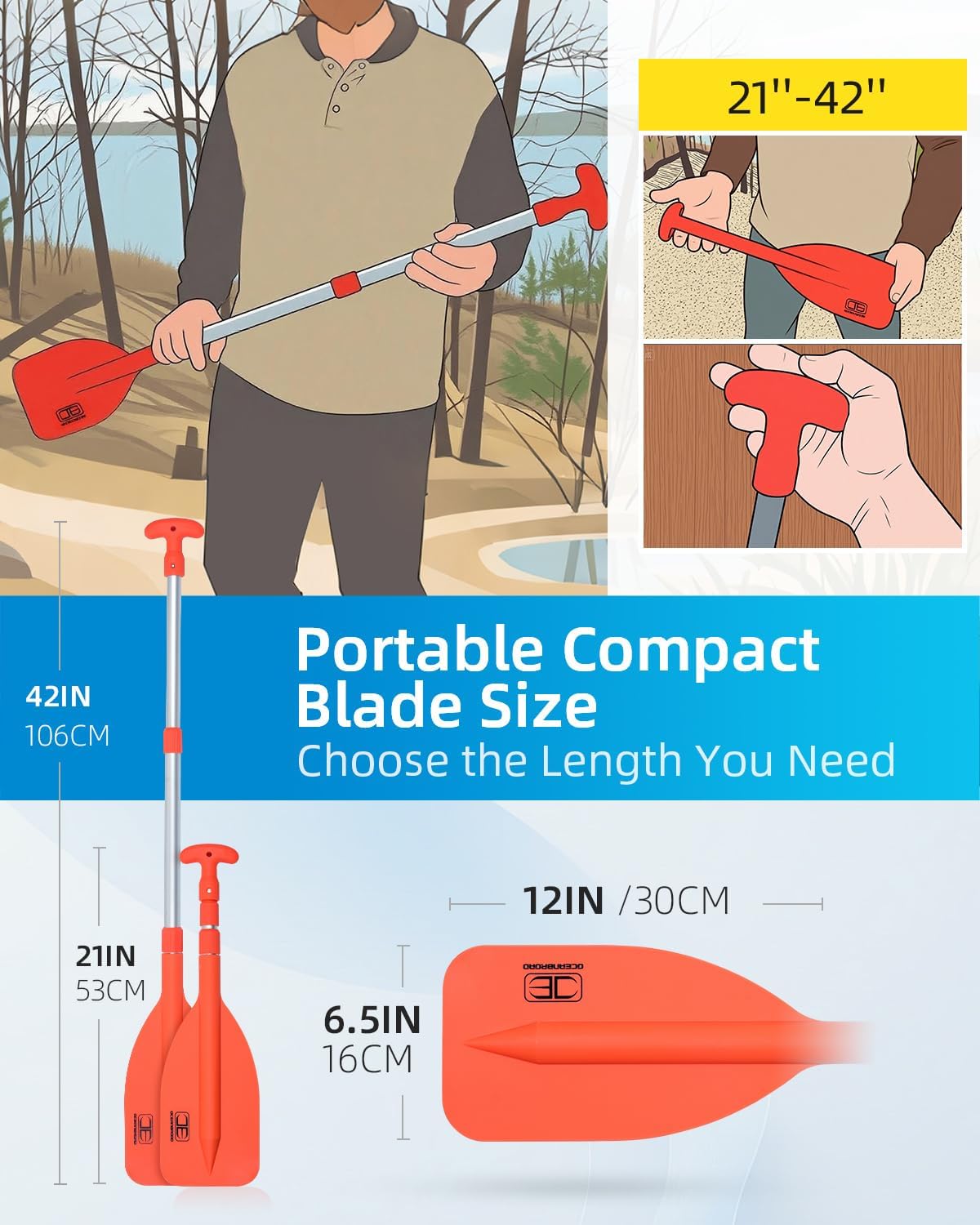 OCEANBROAD Telescoping Emergency Paddle - Adjustable 21'' to 42'' | Durable Aluminium Shaft for Kayaking & Canoeing