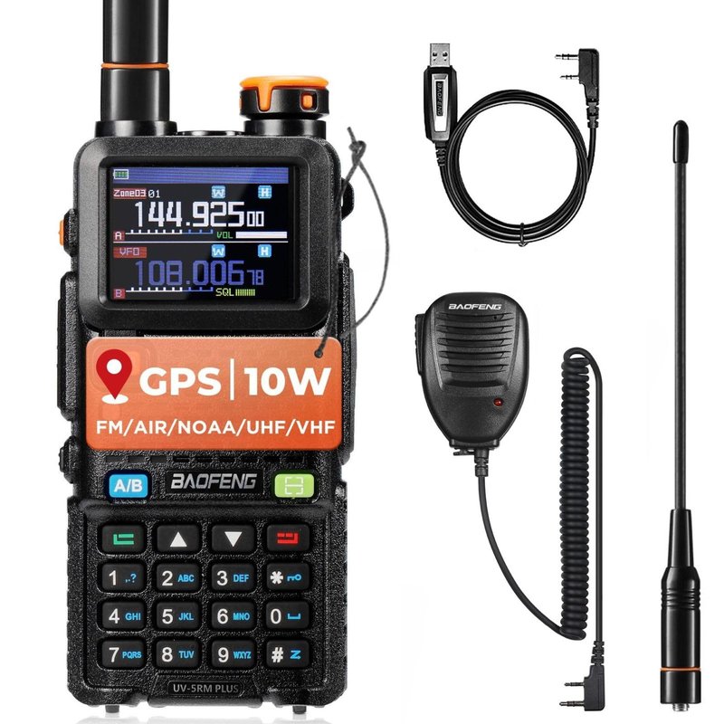 BAOFENG UV-5RM PLUS GPS Ham Radio Handheld, 10W Long Range Two Way Radio, Airband NOAA FM Multi-Band Receiver, 640CH 10 Zones, with 2500mAh Type-C Rechargeable Battery, Speaker Mic & Programming Cable