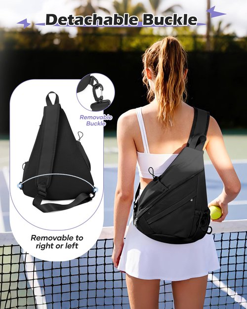 Black Pickleball Crossbody Sling Bag - Men's & Women's Pickleball Sports Backpack with Water Bottle Holder, Adjustable Pickleball
