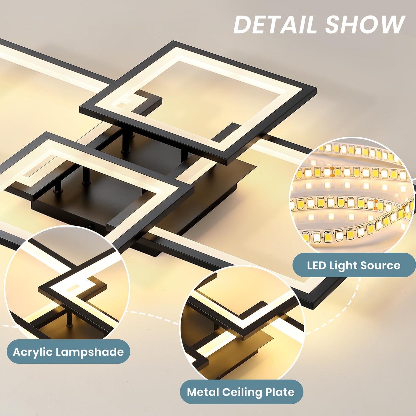 EIDISUNY Modern LED Ceiling Light, Square LED Flush Mount Ceiling Light, Dimmable Kitchen Light Fixtures with Remote&APP, Close to Ceiling Lighting Fixture for Dining Room Kitchen Living Room Bedroom