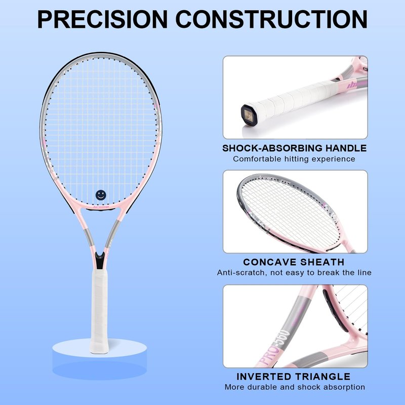 bo'weiqi 27" Tennis Racket Set for Adults 2 Players Lightweight Pre-Strung Tennis Racquets for Beginners, Including 3 Balls, 2 Overgrips, 2 Vibration Dampers and 1 Bag Easy Carry(Green and Pink)