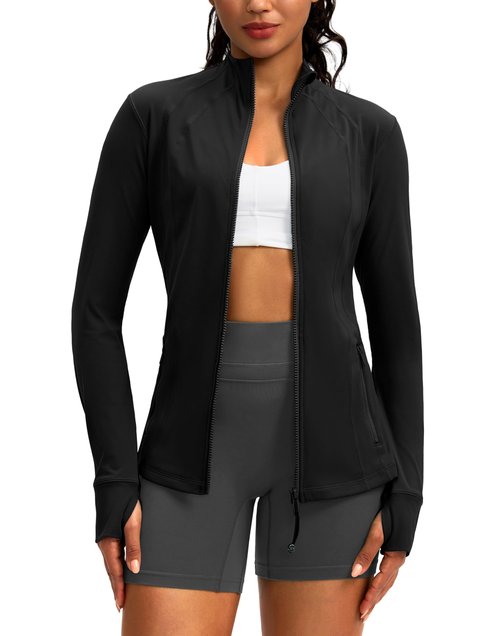 Women's Workout Jackets with 4 Pockets Zip Up Slim Fit Soft Fall Jacket for Yoga Running Athletic (Black,M)