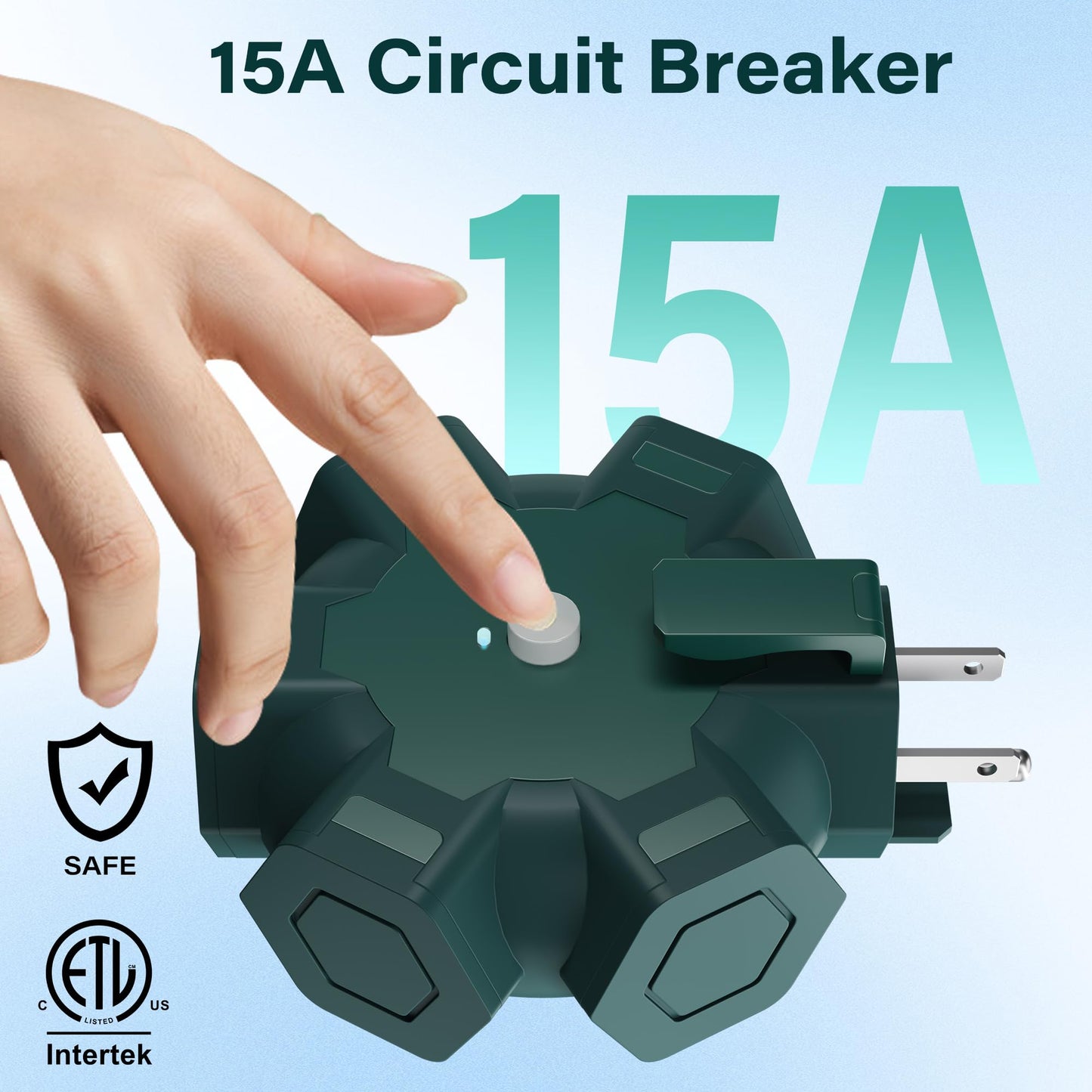 Elecan Outdoor 5-Outlet Power Splitter Plug Extender Hexagonal Hub Adapter with Safety Covers, 3 Prong Grounding Widely-Spaced with 15A Circuit Breaker&Indicator for Holiday Jobsite Garage-ETL-Green