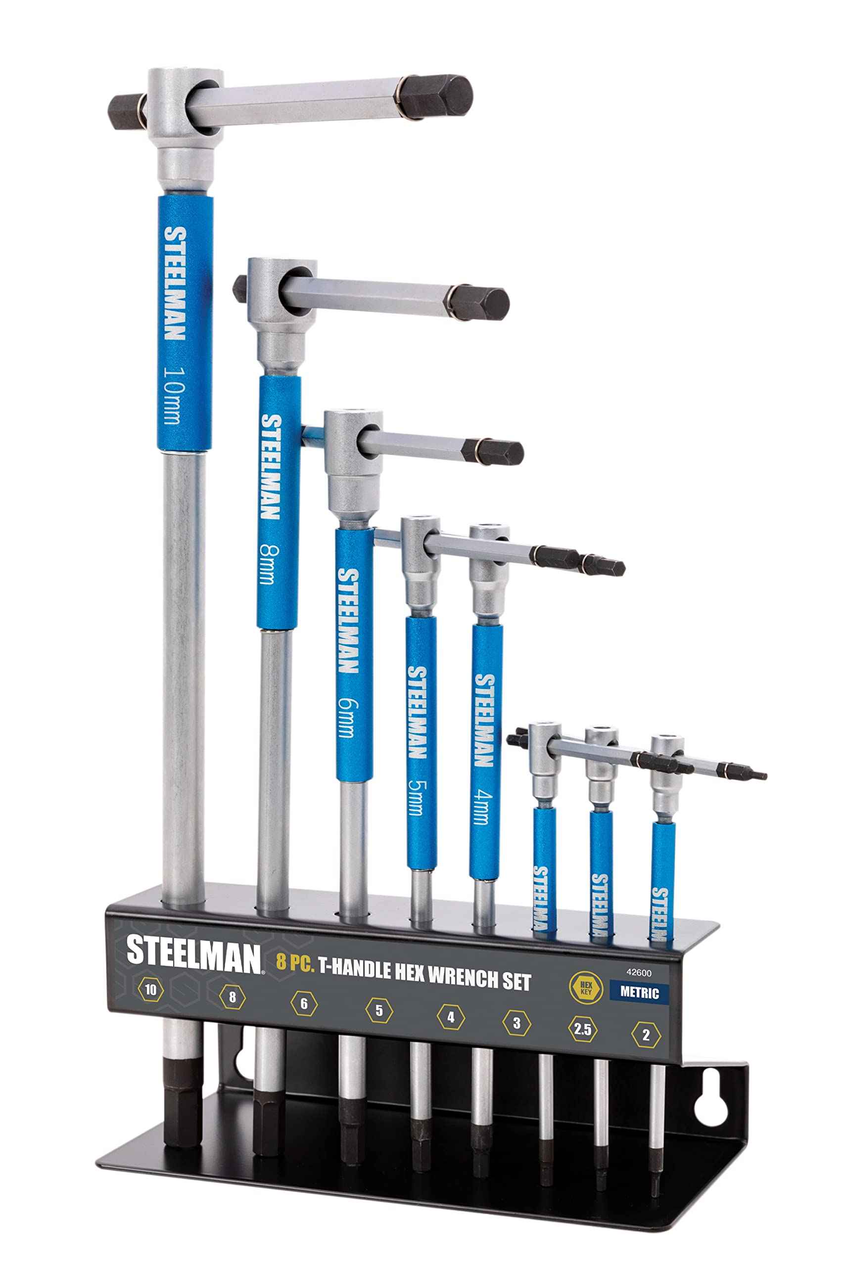 Steelman 8-Piece Metric T-Handle Allen Hex Key Wrench Set, Free Spinning Sleeves, Sliding Handle for Access, Precision Machined Tips, with Storage Tray, for Bicycle, Auto, Moto, Small Engine (42600)