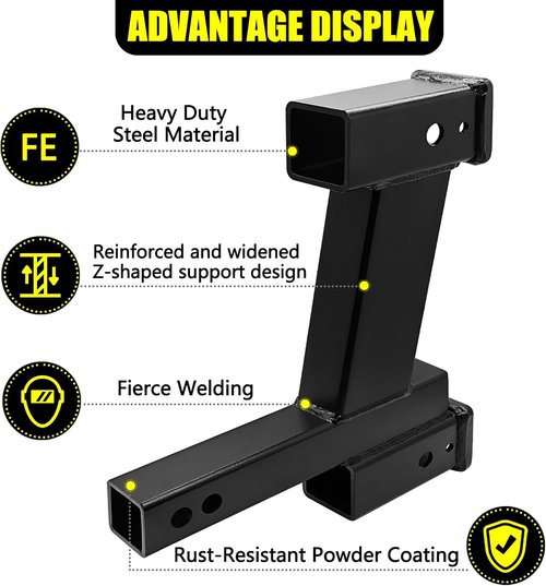 KAIRAY Trailer Dual Hitch Extender Adapter - 2-Inch & 10-Inch Riser/Drop, 10,000 lbs Towing Capacity