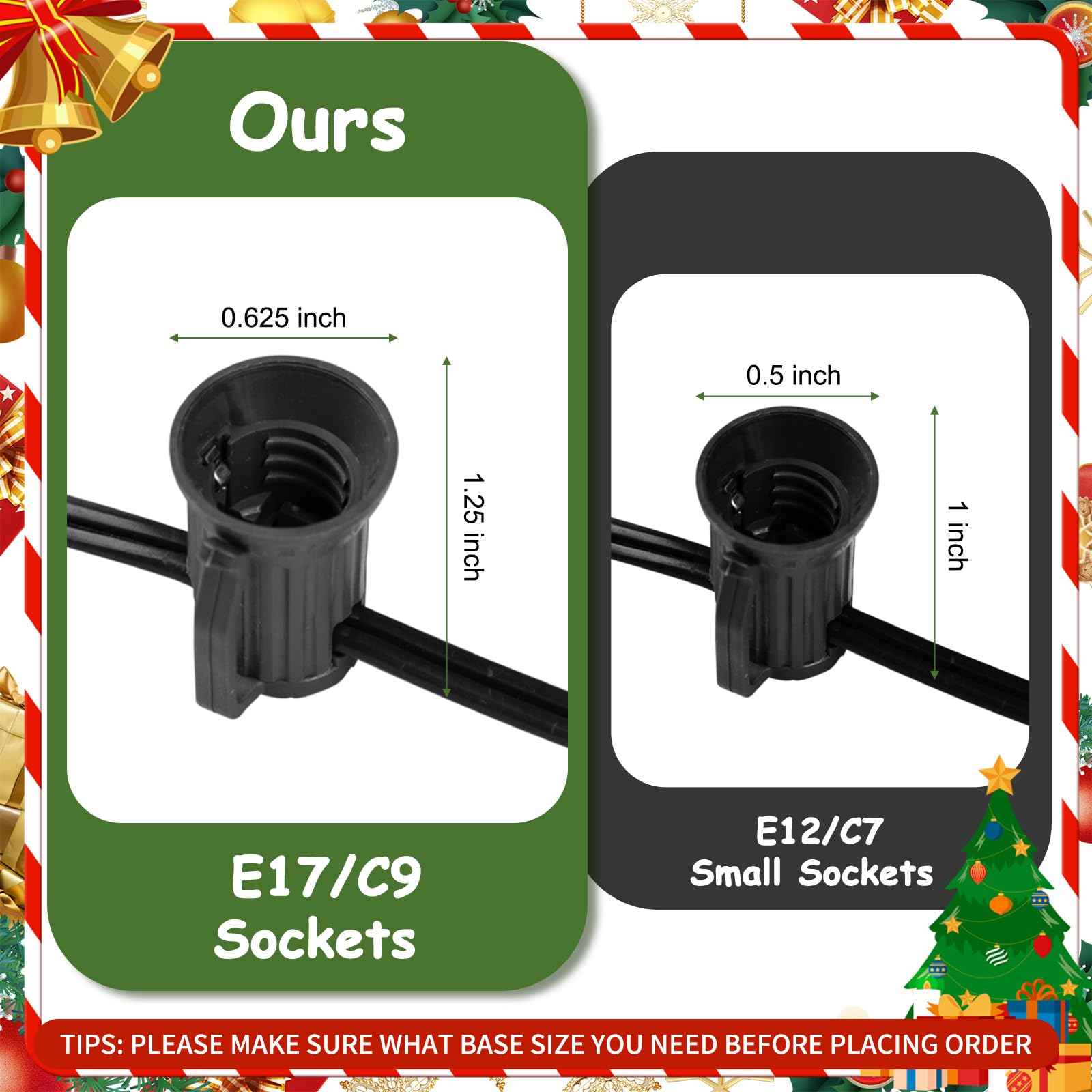 (2 Pack) Total 100 FT C9 Light Strand, Outdoor String Light Christmas Stringer with 100 Sockets for Patio, Intermediate Base (C9/E17) - 12" Spacing, Black Wire, NOTE (Only Use for C9 LED Bulbs)