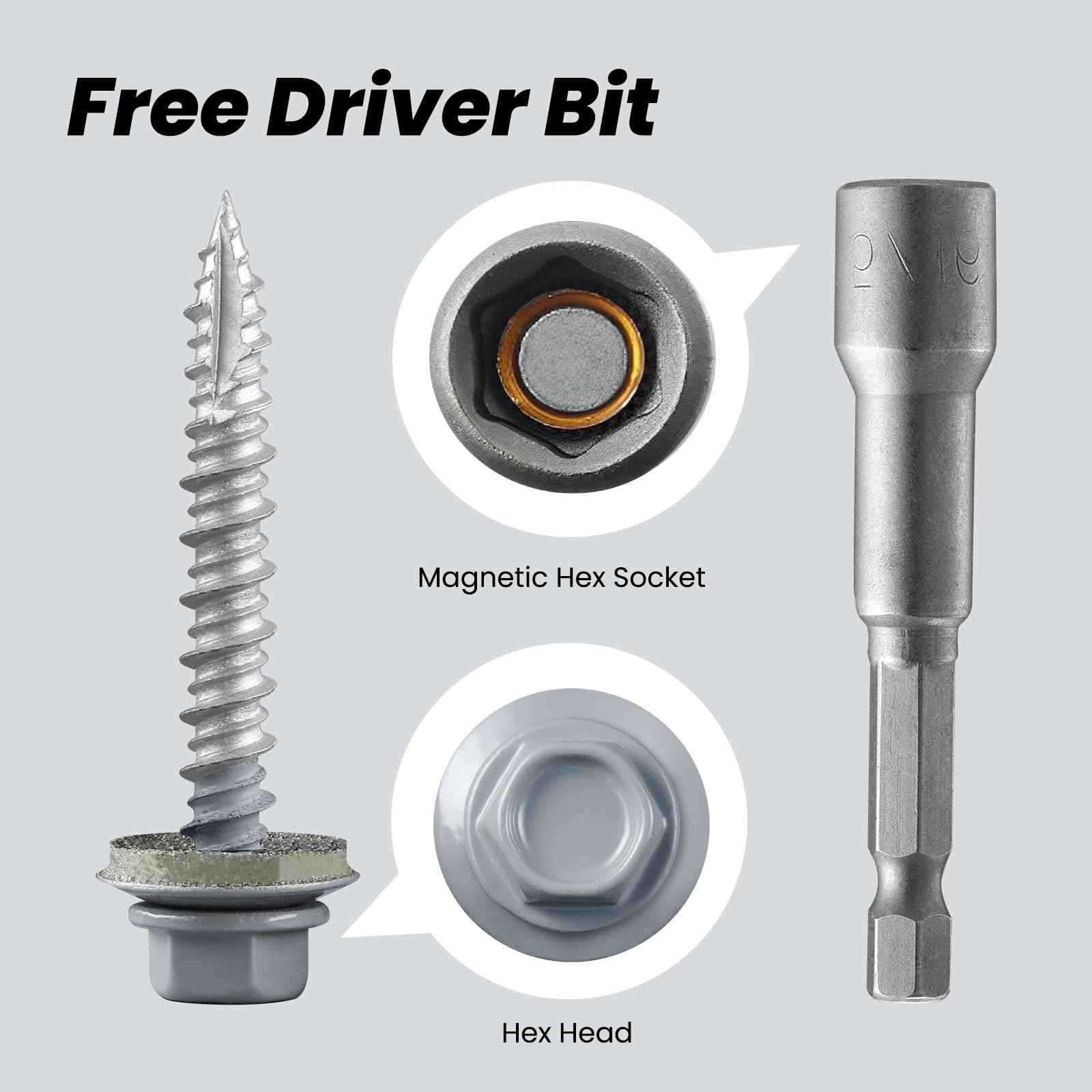 Bnuok Metal Roofing Screws #10 × 1 1/2 Inch, 145pcs Black Ruspert Coating Hex Head Sheet Metal Roof Screws, Self Starting Metal to Wood Siding Screw, EDPM Rubber Washers