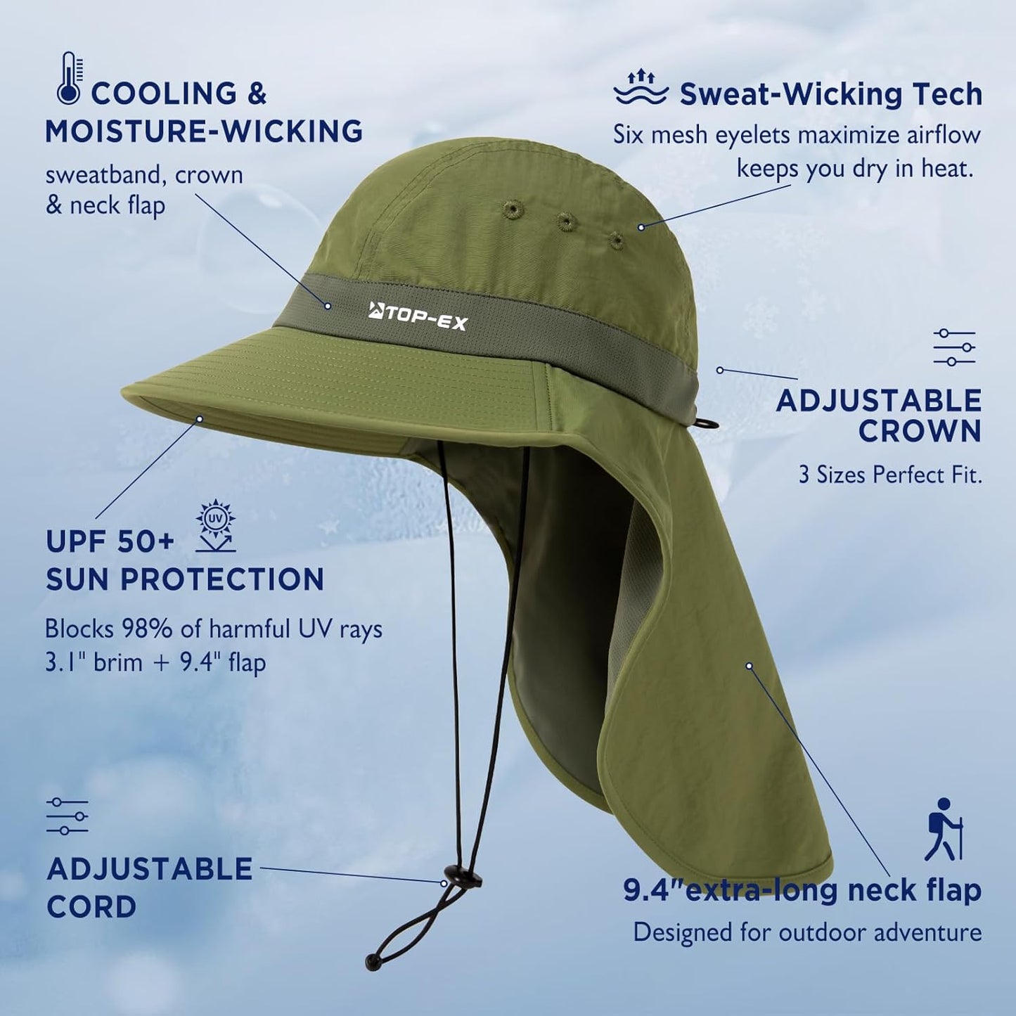 TOP-EX Cooling Sun Hat - UPF 50+ Wide Brim with Neck Flap for Hiking, Fishing & Comfort