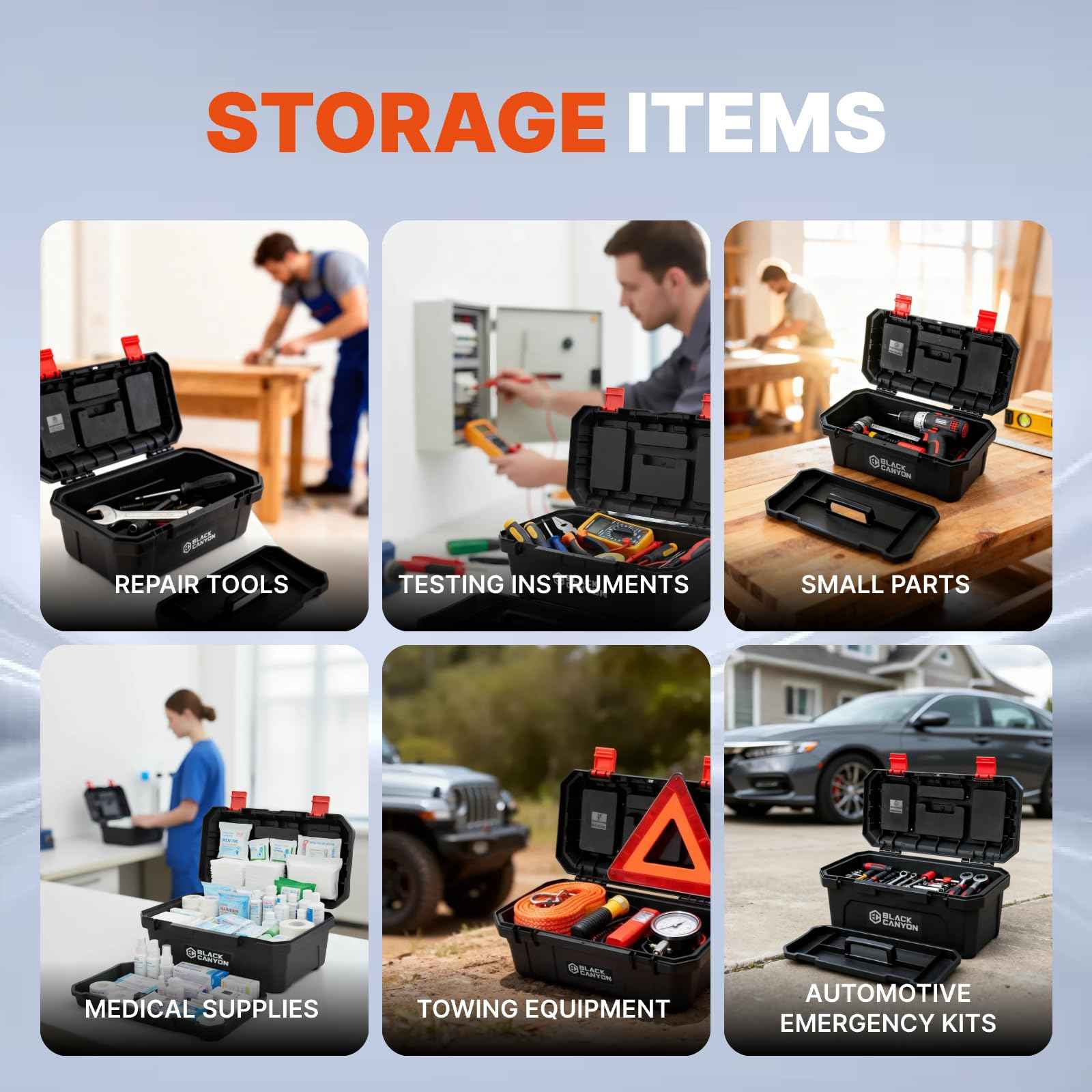 Black Canyon 17 Inch Plastic Tool Box, Support up to 44 lbs, w/Handle, Polypropylene, Dual-Layer Design, Flexible for Stacking, Top-Lid Storage, Ideal for DIY, Workshop, Job Site Organization