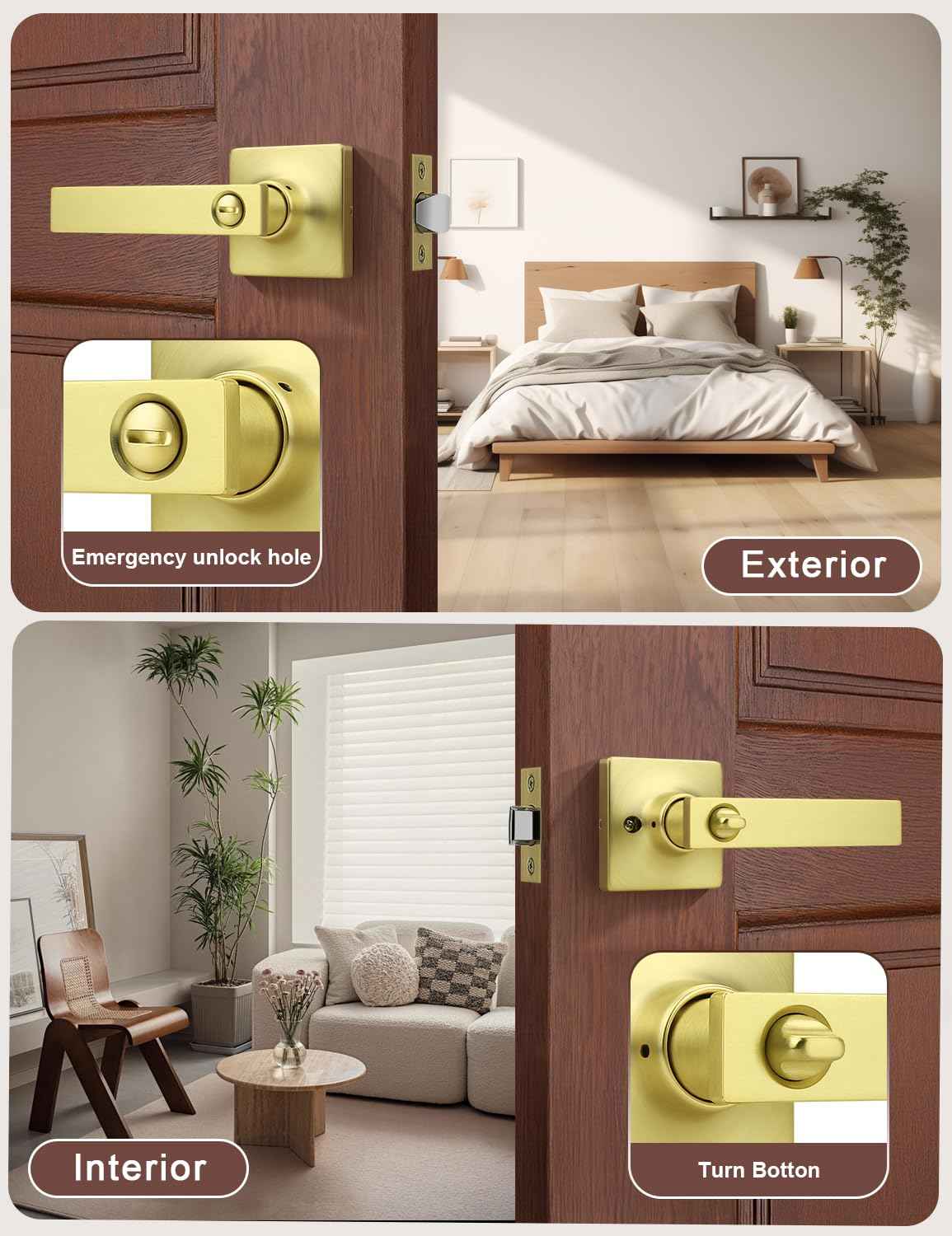 Mengico 6 Pack Gold Privacy Lever Door Handle Interior with Lock, Heavy Duty Square Door Lock for Bed/Bath, Keyless Door Locksets, Reversible for Left Right Handed Doors