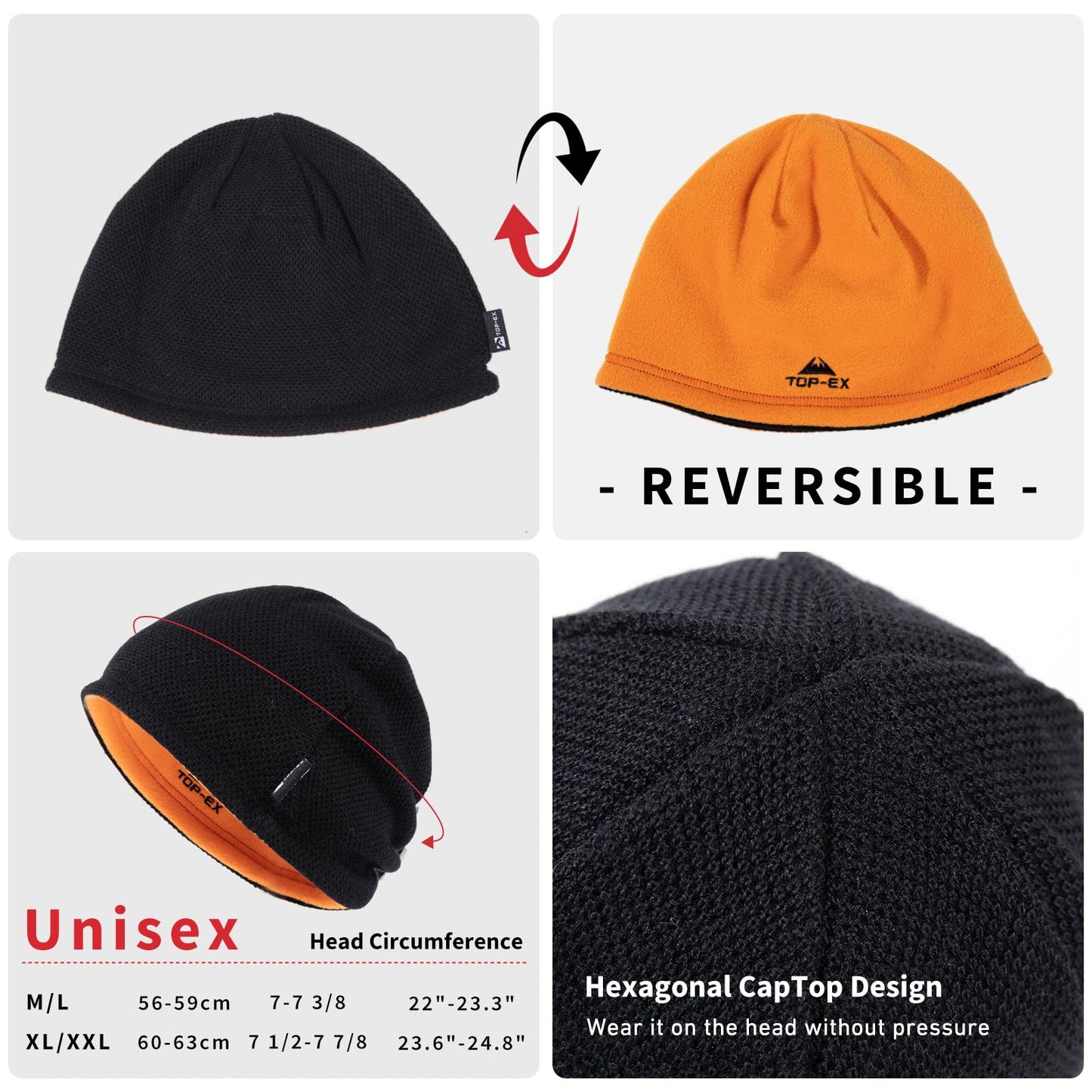 TOP-EX Reversible Wool Beanie Hat for Men Winter Outdoor Work Ski Running Warm Knit Skull Cap Fleece Lined Windproof Watch Cap Gift for Dad Christmas Black M/L
