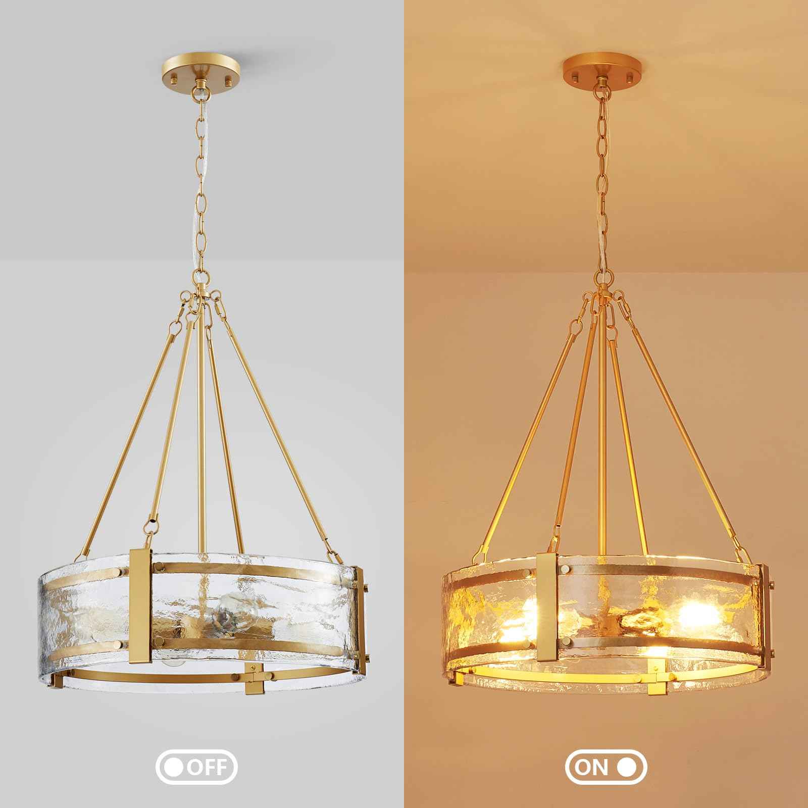 GlowEasely Modern Ripple Galss Chandelier, 4-Light Water Glass Pendant Light | Ribbed Glass, D20 * H29.5~78.2inch Height Adjustable, Fit for Dining Room, Living Room, Bedroom, Hallway, Kitchen, Foyer