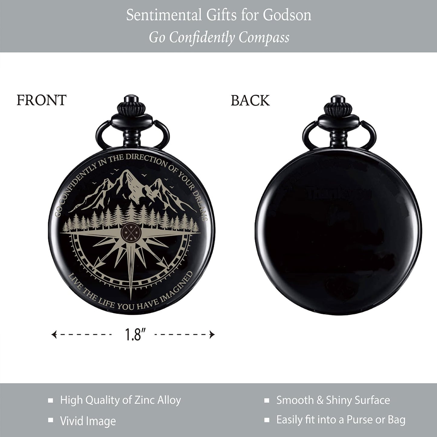 Godson Gifts from Godmother Godfather, Go Confidently Pocket Compass Engraved Black, to My Godson Pocket Token, Inspirational Keepsake Gifts Ideas for Godson Birthday Graduation Christmas Baptism